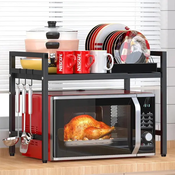 Adjustable Extendable Double-Layer Carbon Steel Microwave Rack, Home Storage Solutions, College Dorm Organization Shelf for Kitchen Countertop Utensils, Dishes & Small Appliances
