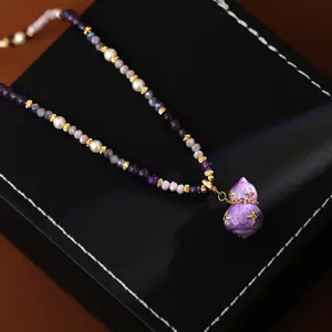 New Chinese Style Enamel Purple Gourd Pendant Beaded Necklace |   18K Gold Plated Pearl Sweater Chain |   Copper Glass Bead Crystal Zircon Imitation Pearl Taro Purple Jewelry gold zircon plat gold gold jewelry chain name necklace