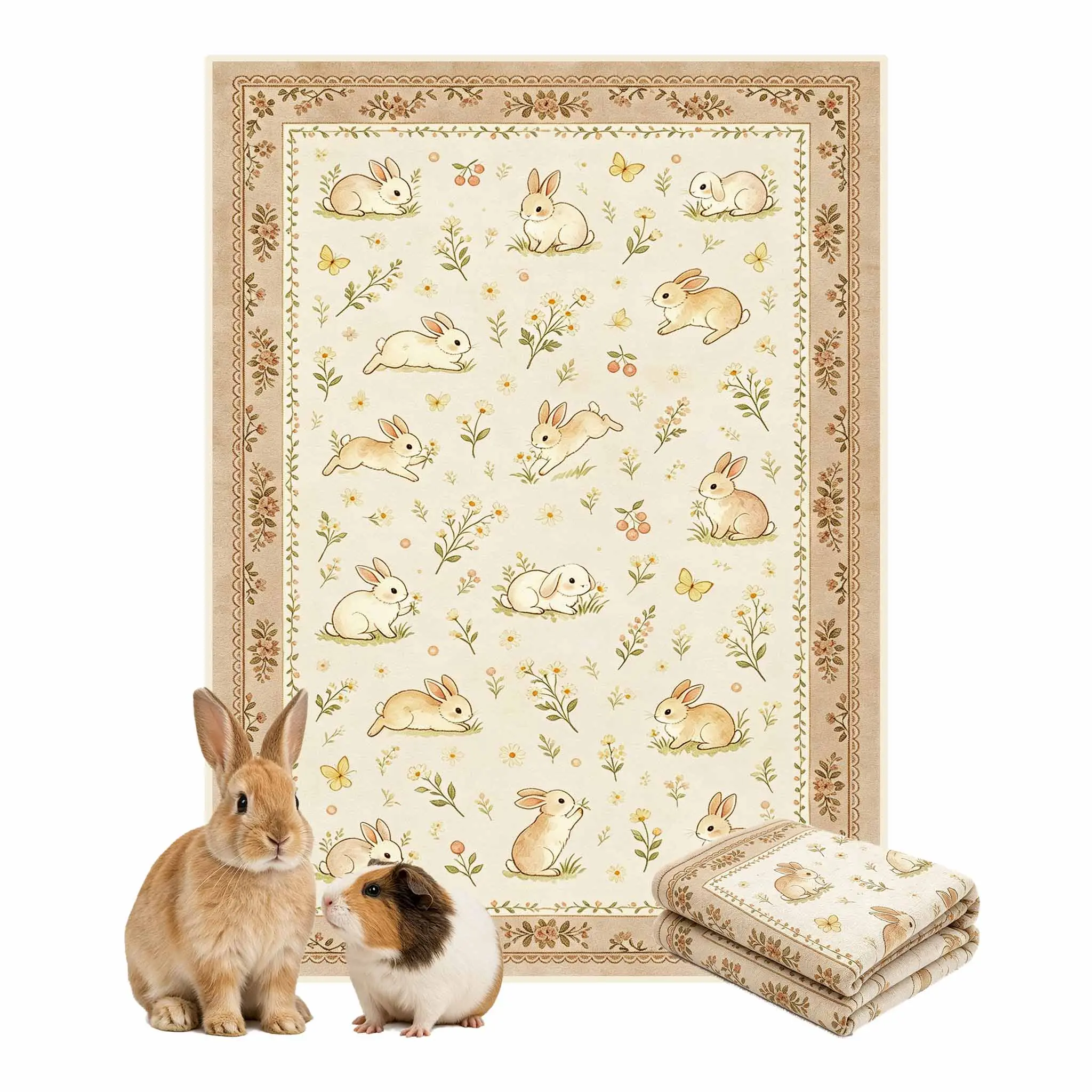 Rabbit Cage Liner, Cute Bunny Floral Floor Mat, Washable Non Slip Waterproof Pet Rug for Bunny Room, Rabbit Playpen, Hutch & Small Animals