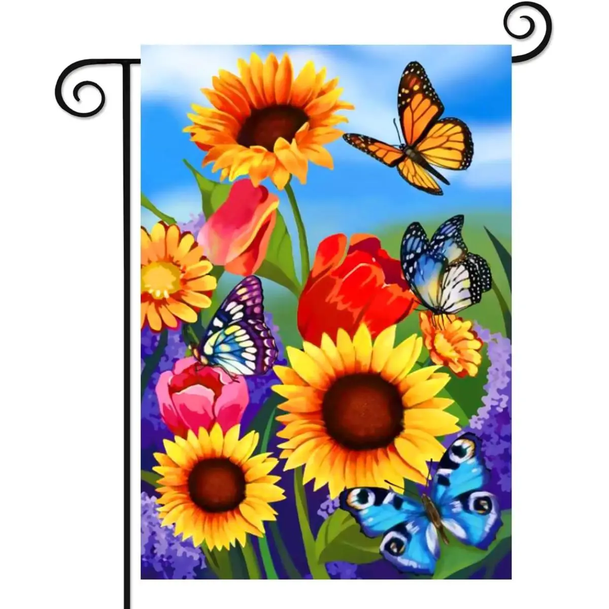 Sunflower Tulip Butterfly Garden Flag 12x18in, Double-Sided Spring Summer Floral Yard Decor, Vibrant Wildflower Outdoor Banner for Patio Porch