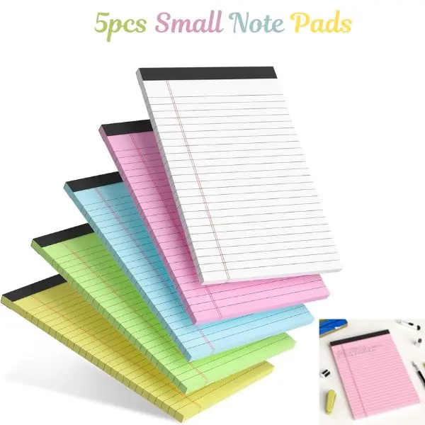5 Pack 5x8 Legal Notepads, Assorted Color College Ruled Perforated Writing Pads, 30 Sheets Each, Customized Neat Writing Office Stationery, Manufacturer Warranty for School & Home Supplies