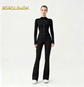 ROROLEMON Women's Cropped Zip-Up Yoga Jacket & Flare Leggings Set, 2-Piece Workout Outfit with Thumb Holes and Zipper Pockets
