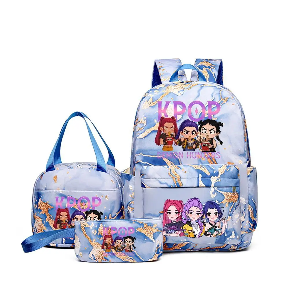 Blue Marble Gold Foil Cartoon Character 3 In 1 Backpack Set Laptop Backpack Lunch Bag Pencil Case Combo Travel Bag