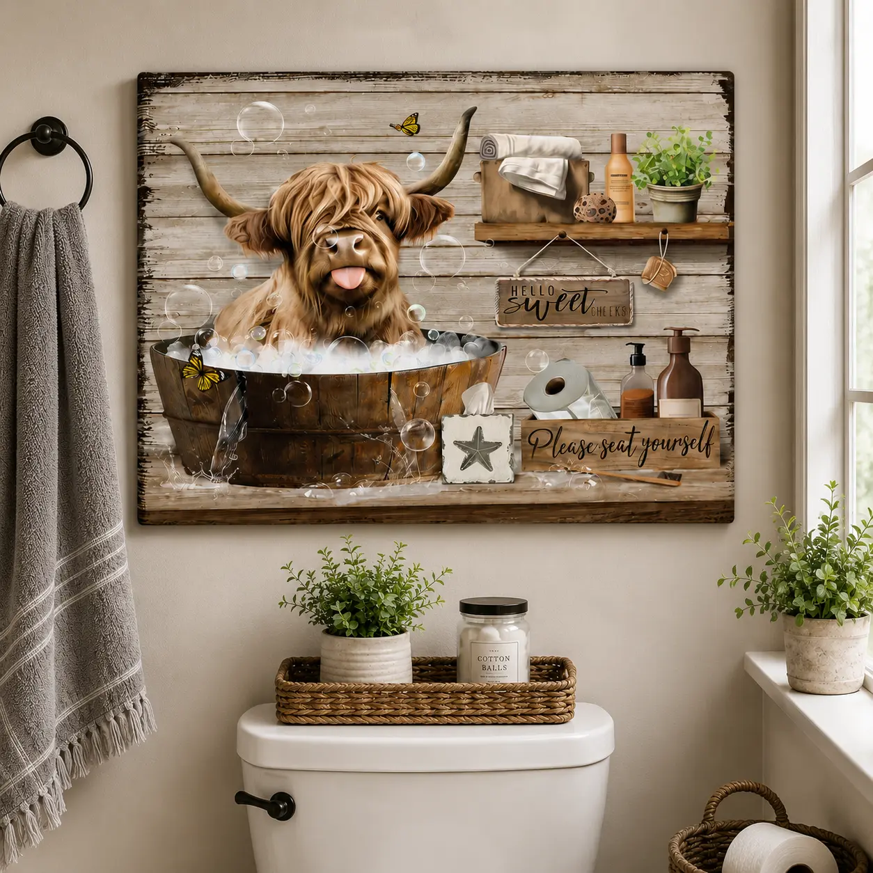 Funny Highland Cow Canvas Wall Art Print - Rustic Novelty Cow-in-Bathtub Painting, Brown Animal Poster for Bathroom, Farmhouse Home Decor