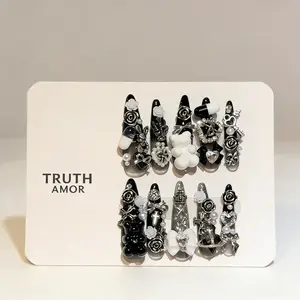 10Pack, TRUTH AMOR Handcrafted Grunge Style Nail Embellishments, Long Stiletto Smoke Gradient Base, Decorated With 3D White Bear, Pill Charm, Metal Rose Cross Bow Pearl & Rhinestone, Suitable For Alt Daily & Street Styling, Portable Manicure Trims