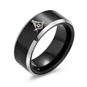 Square & Compass Freemason Titanium Wedding Band Ring Silver Tone Comfort Fit