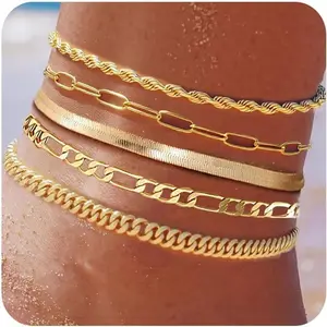 Plus Size Gold Ankle Bracelets for Women Big Ankles, Adjustable Ankle 14K Real Gold Plated Cuban Link Chain Figaro Snake Herringbone Extra Large Anklet Bracelets,Summer Beach Foot Jewelry 10-12inch