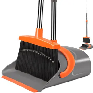 Full Size Broom and Dustpan Set with Adjustable Handle, Comb Teeth & Upright Standing Dustpan, Multi-Surfaces Indoor/Outdoor Sweeping Tool for Home (Gray&Orange)