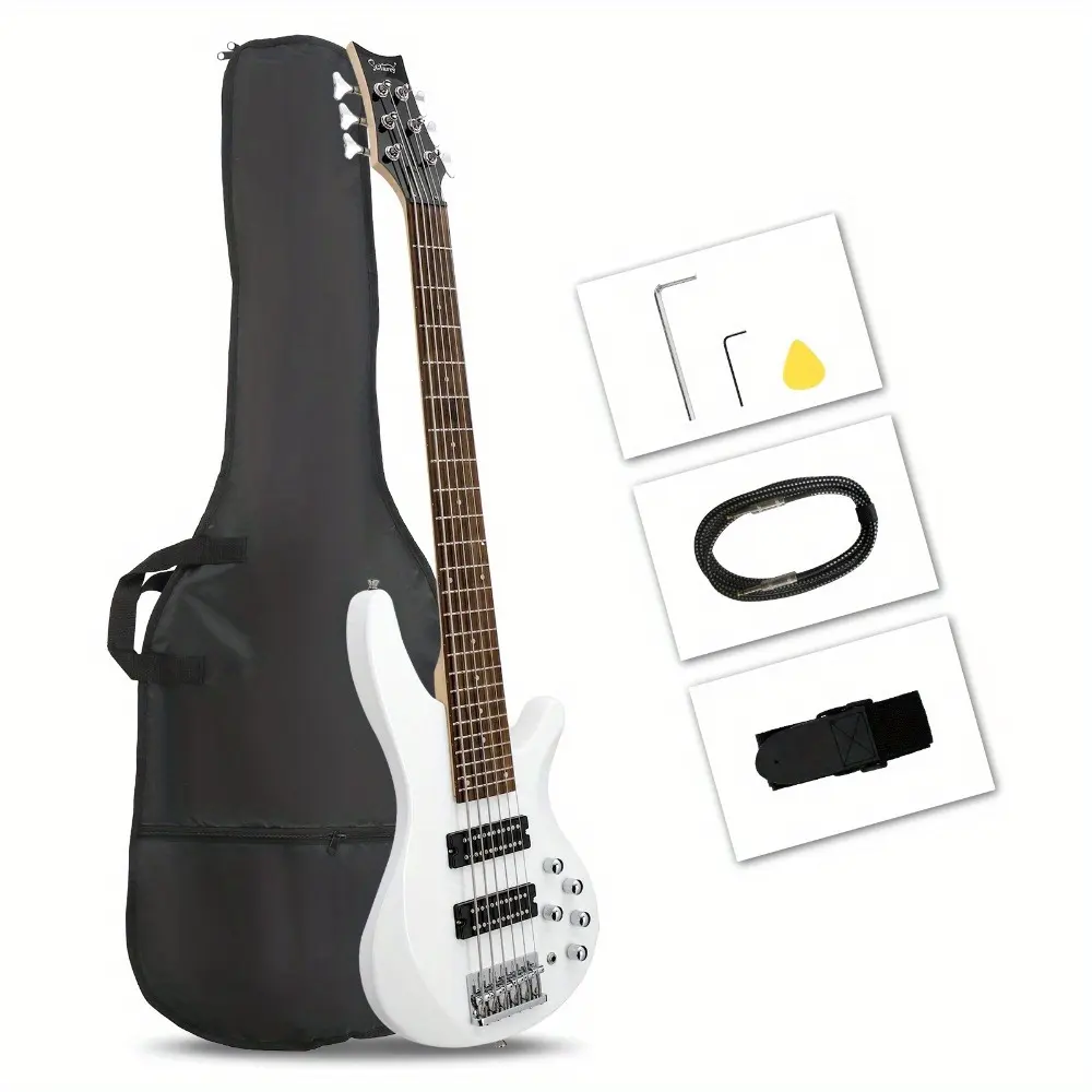 Professional 6-String Electric Bass Guitar Bundle - Laurel Wood Fretboard, Picks, Guitar Tuning Pegs, Protective Bag, White Color