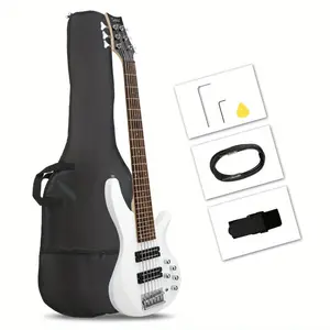 Professional 6-String Electric Bass Guitar Bundle - Laurel Wood Fretboard, Guitar Picks, Protective Bag, White