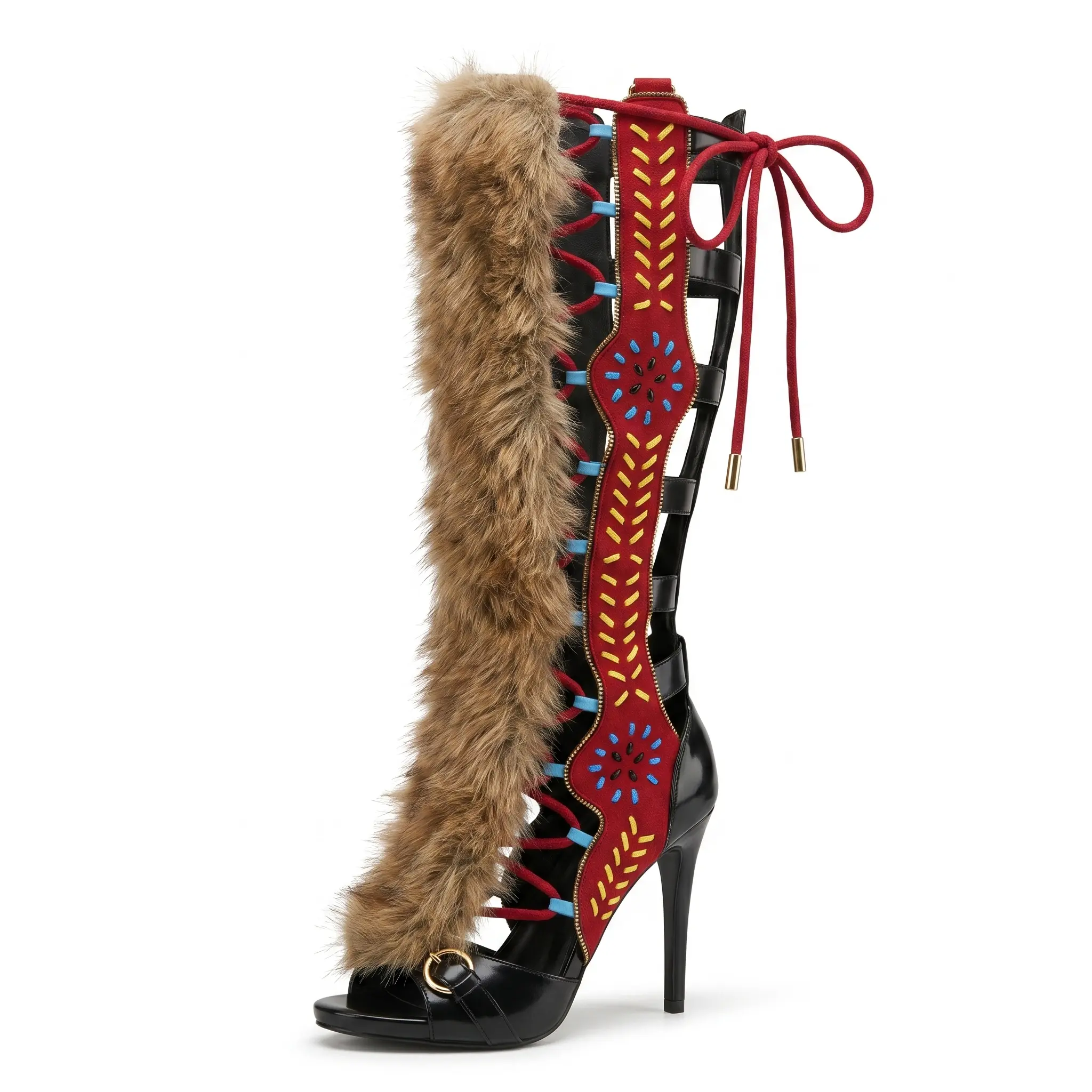 AMINUGAL Women's Elegant Faux Fur Splicing Knee-High Open-Toe Heeled Sandals - Red & Black, Breathable Walking Heels for Women
