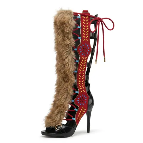 AMINUGAL Women's Elegant Faux Fur Splicing Knee-High Open-Toe Heeled Sandals - Red & Black, Breathable Walking Heels for Women