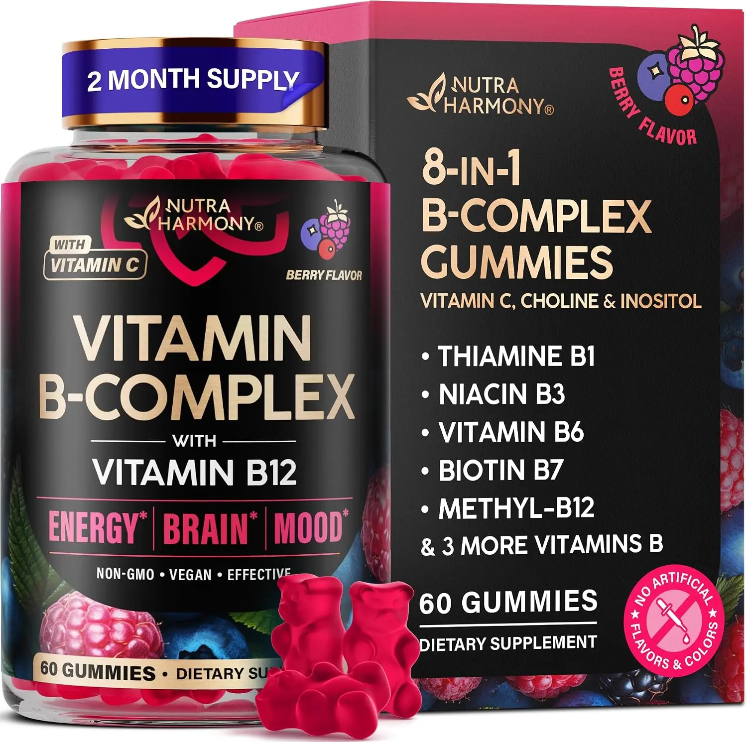 Vitamin B-Complex Gummies for Women & Men - Full B Complex & B12 - 60 Gummy