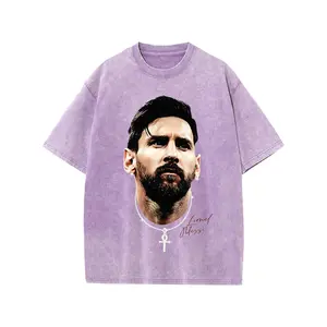 Vintage Washed Purple "Soccer Player Portrait Graphic" T-Shirt, Retro Streetwear Oversized Cotton Crew Neck Unisex Tee