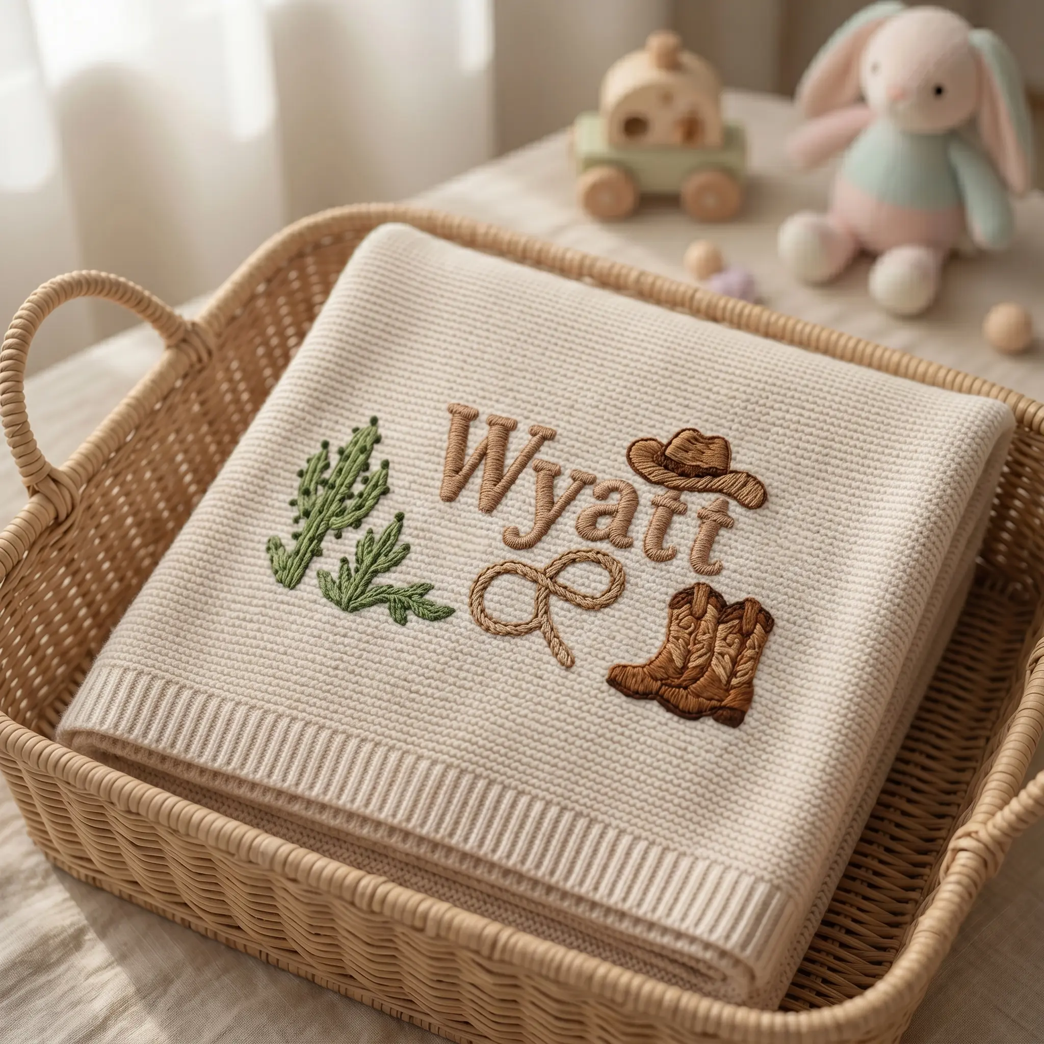 [Made-to-Order] Personalized Embroidered Cowboy Baby Blanket Name - Custom Name Knit Western Cactus Newborn Gift, Gift for Baby Boy, Welcome Baby Blanket