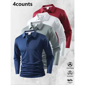 4-piece set, men's casual lapel long sleeved polo shirt, button design, lightweight and quick drying, golf shirt, comfortable to wear, suitable for sports, fitness cycling, business shirt.