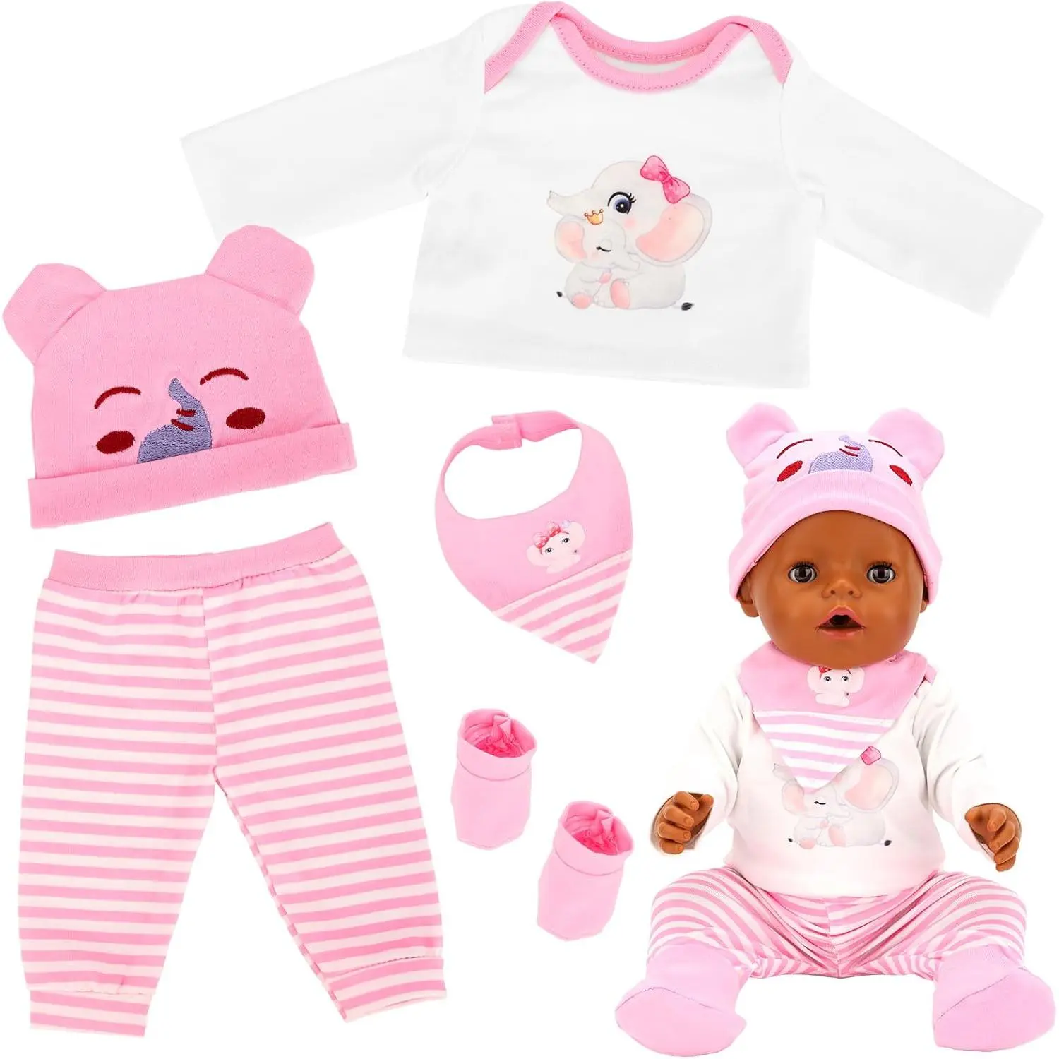 5 PCS Baby Doll Clothes 14-16 Inch Baby Doll Elephant Pattern Outfit Accessories for Sweet Baby Dolls Clothing with Pink Hat, Top Pants Socks