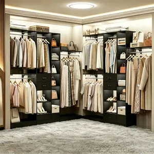 Homieasy 96 Inch Closet Organizer System with Big Wing Shelves, Walk-in Wardrobe Clothes Garment Rack with Hanging Rods, Wood Drawers, Wardrobe Clothes Rack with Partition Storage Spaces