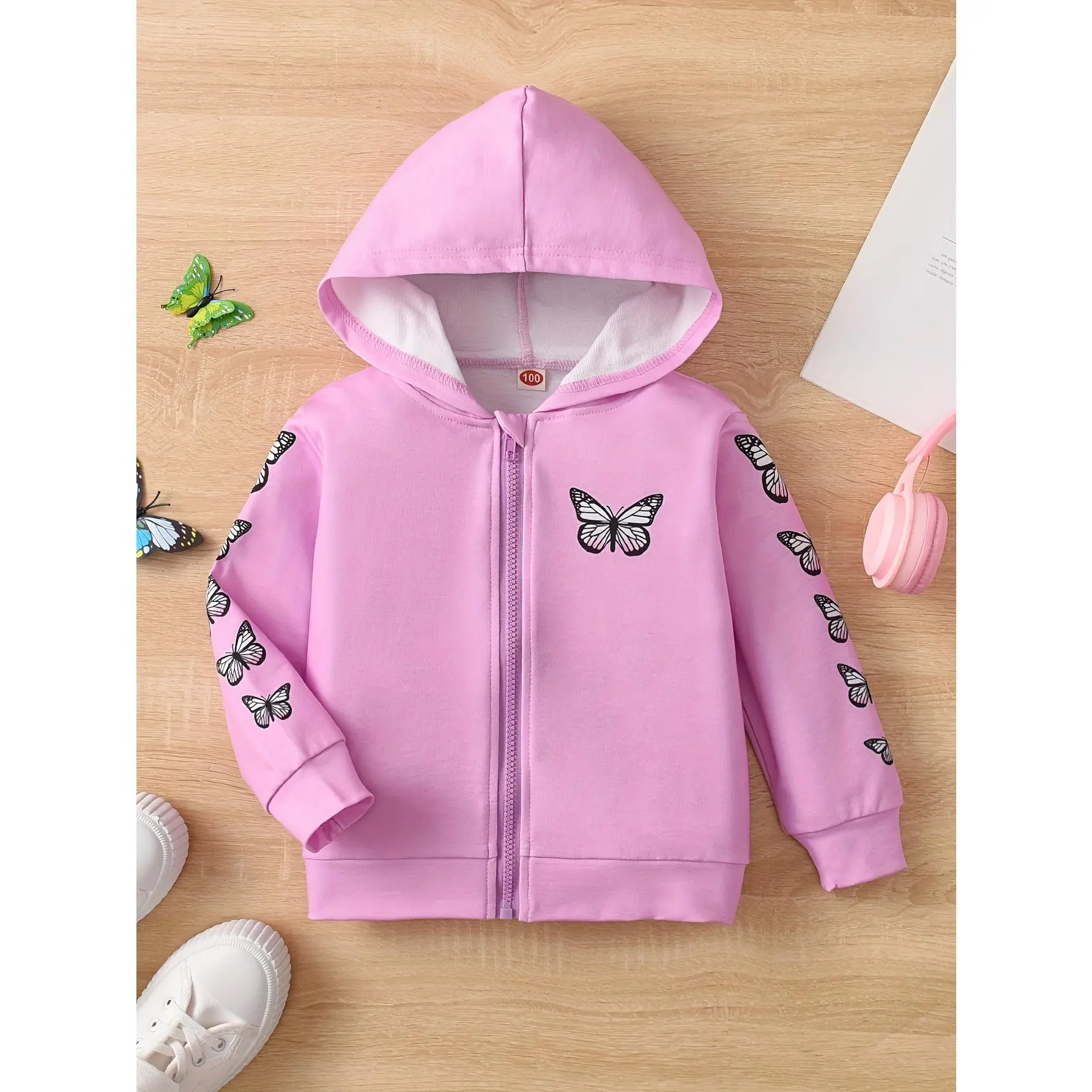 Girl's Butterfly Print Long Sleeve Hooded Jacket, Cute Trendy Versatile Zipper Coat For Autumn, Creative Gift