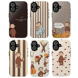 Cute Monkey Aesthetic Phone Case – Brown Striped Heart Pattern Tough Cover, Protective Shockproof iPhone Case
