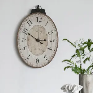 18" x 29" Antique White Oval Wall Clock Traditional Vintage Home Decor Clock for Classic Interior Design Eco-Friendly MDF & Iron Construction