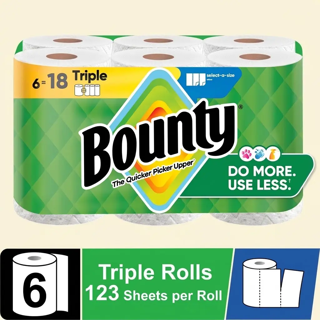Bounty Paper Towels Select-A-Size 6 Triple Rolls Super Absorbent Kitchen Towel Sheets For House Cleaning Restock