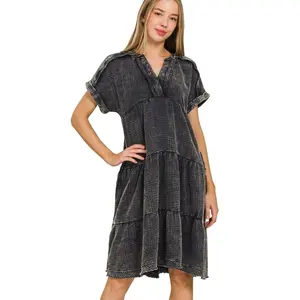 Zenana Washed Double Gauze Raw Edge V-neck Dress