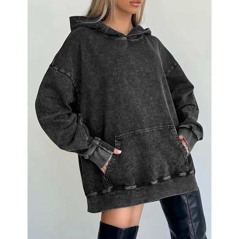 Wayii Women's Retro Soft Acid Wash Oversized Long-Sleeve Preppy Vibe Hoodie Top - Kangaroo Pocket, Ribbed Cuffs, Classic Casual Basics, Everyday Vintage Fit Pullover Sweatshirt, Long Sleeves
