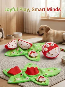 SEAMIND-4-in-1 Peeling Watermelon Ball Pet Plush Toy with Squeaker & Snack Mat, Interactive Hide and Seek Dog Toy, Stuffed Pet Chew Toy for Dogs Cats