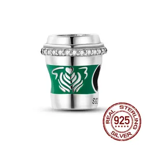 MULA Green Coffee Cup Charm - 925 Sterling Silver and Crystal Beads, Unique Gift for Coffee Lovers, Compatible with Pandora's Bracelets and Necklaces
