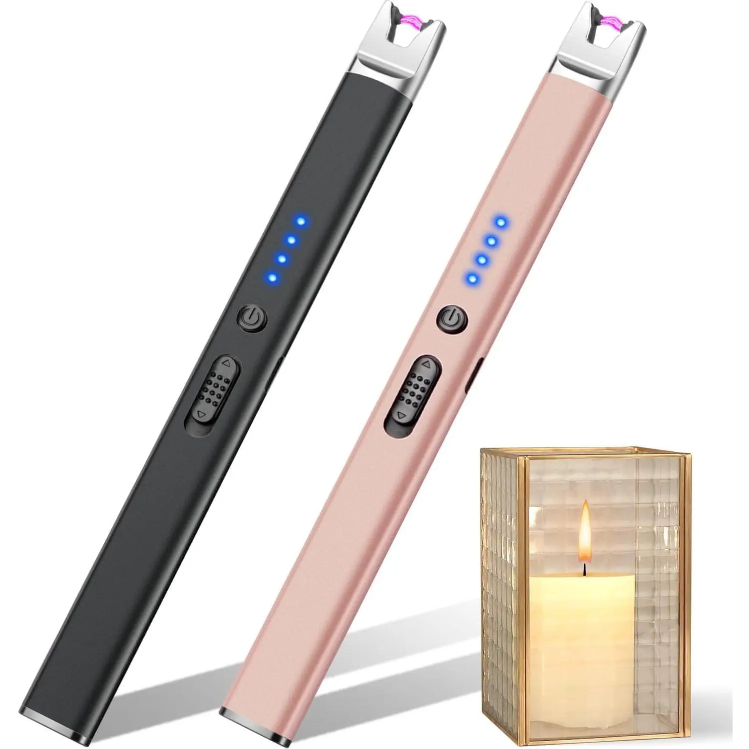 Fashion Unisex Adult 2-Pack Portable USB Rechargeable Windproof Arc Plasma Lighter (Black & Champagne Gold) with USB Port, Lockable Safety Lock, Switch, Box, Slim Design, Modern Appeal, LED Display, Automatic Power Off, Ideal for Outdoors, BBQ Parties