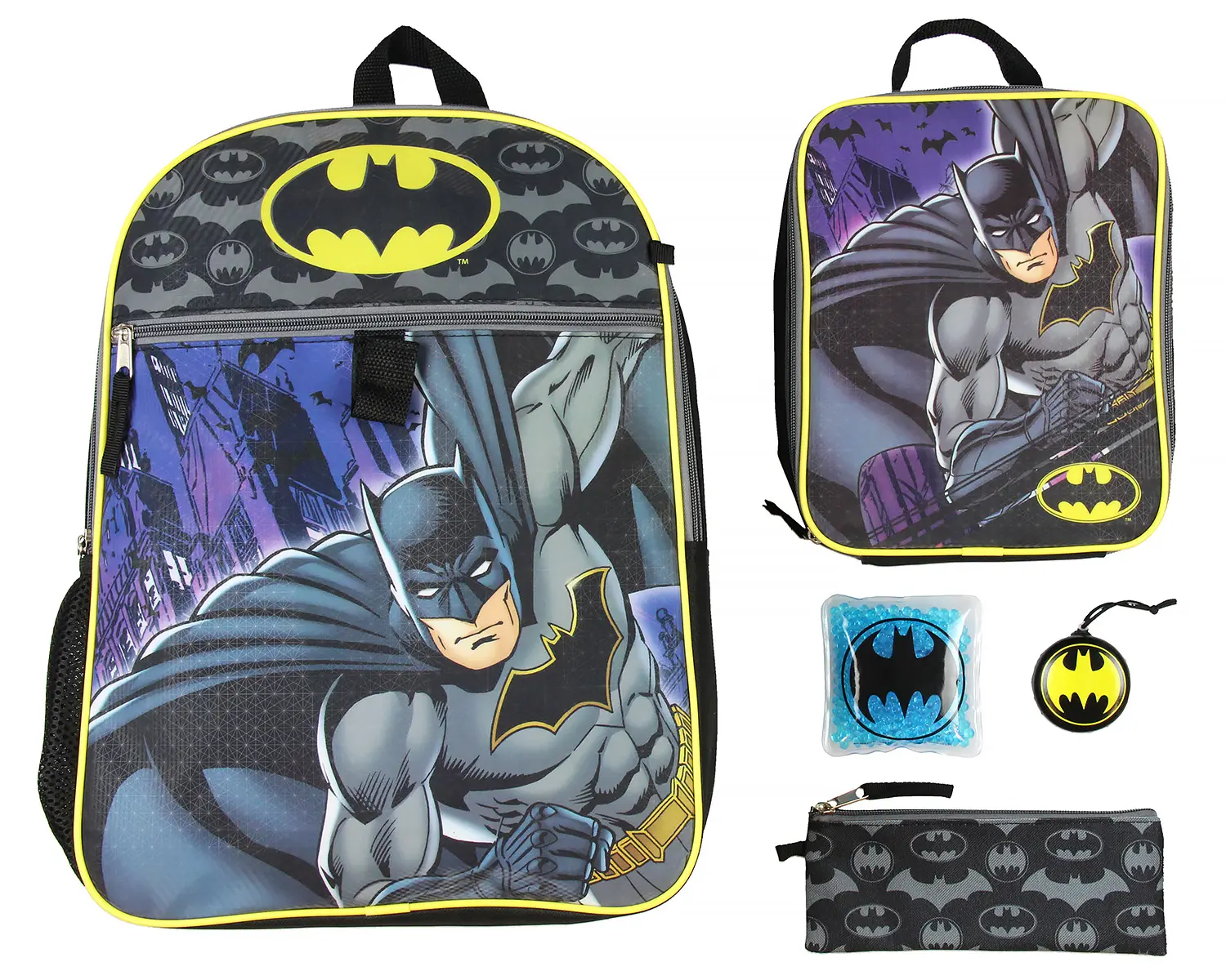 Batman 16" Backpack 5 PC Classic Comic Design Combo Set Batman 16" Backpack 5 PC Classic Comic Design Combo Set