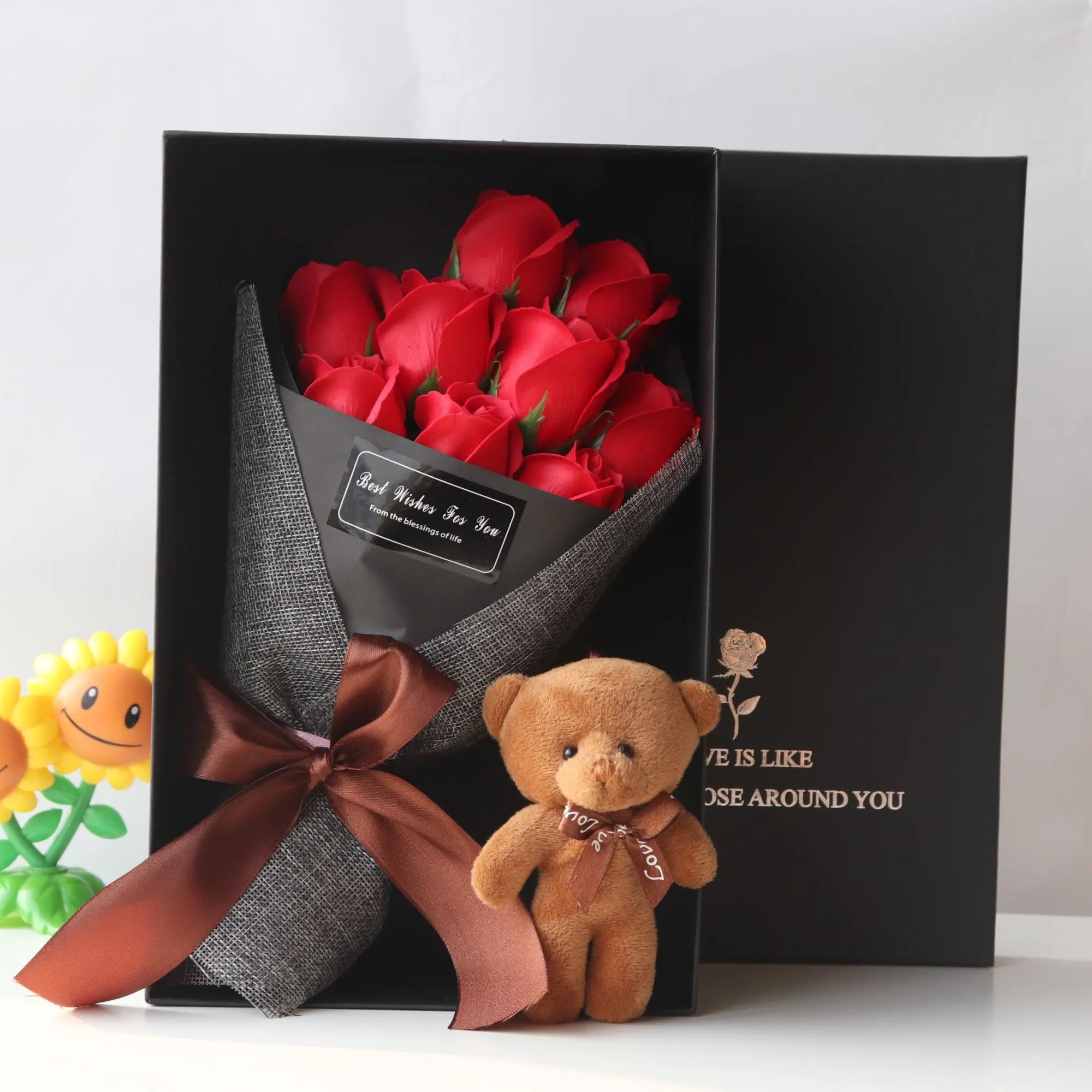Soap Rose Bouquet Gift Set - Valentine's Day Flowers with Bear