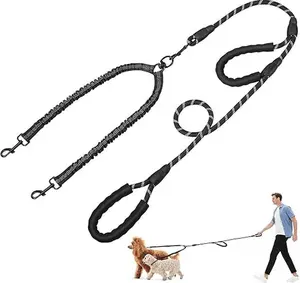 Double Dog Leash, Dual Dog Leash, 360° Swivel Tangle Free Bungee Walking Training for Large Medium Dogs, Shock Absorbing Bungee Reflective for Two Dogs, 18~120 lbs, Black,Outdoor gear
