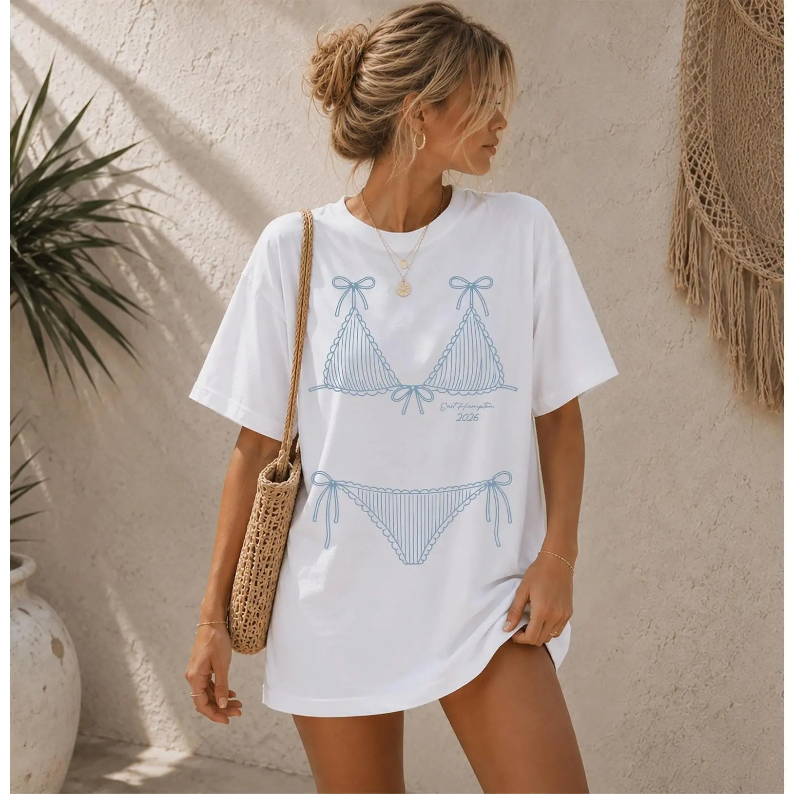 East Hampton Bow Bikini Graphic T Shirt for Women Men Unisex Black White Short Sleeve Tee Vintage Sketch Print Shirt Relaxed Casual Streetwear Summer Idea