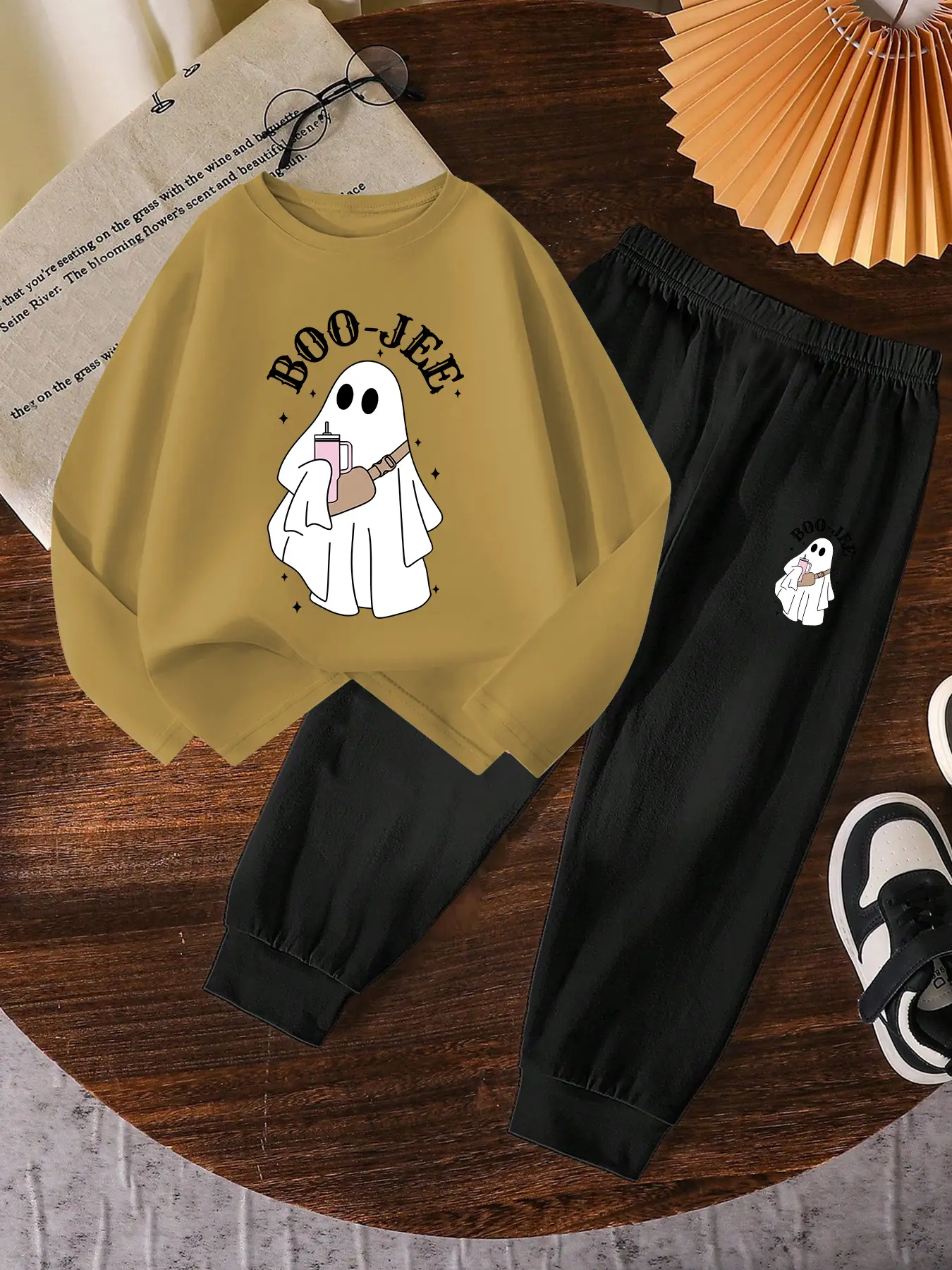 Girls' Ghost Pattern Long Sleeve T-Shirt & Casual Sweatpants Set, Spring & Fall Fashion, Comfortable Fitted Design, Perfect Gift, Halloween