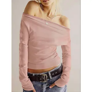 Aswulk Womens Off The Shoulder Tops Sexy Long Sleeve Ribbed Knit Slim Fit Blouses for Spring Trendy Going Out Wear