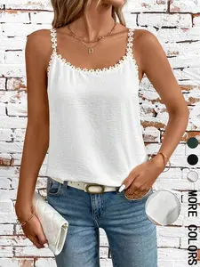 Women's Floral Trim Cami Top, Casual Comfy Cami, Lady Casual Flattering Sleeveless Top for Summer, Women's Clothing for Daily Wear, Womenswear