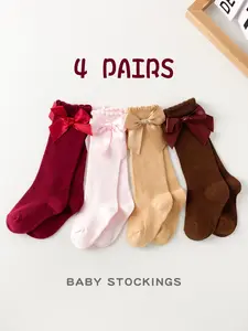 4 Pairs Cute Baby Bow Tie Socks, Simple Long Tube Socks, All Seasons, Newborn Extra Long Socks, Sweet Princess Socks, Soft Comfy Socks, Soft Comfy Hosiery