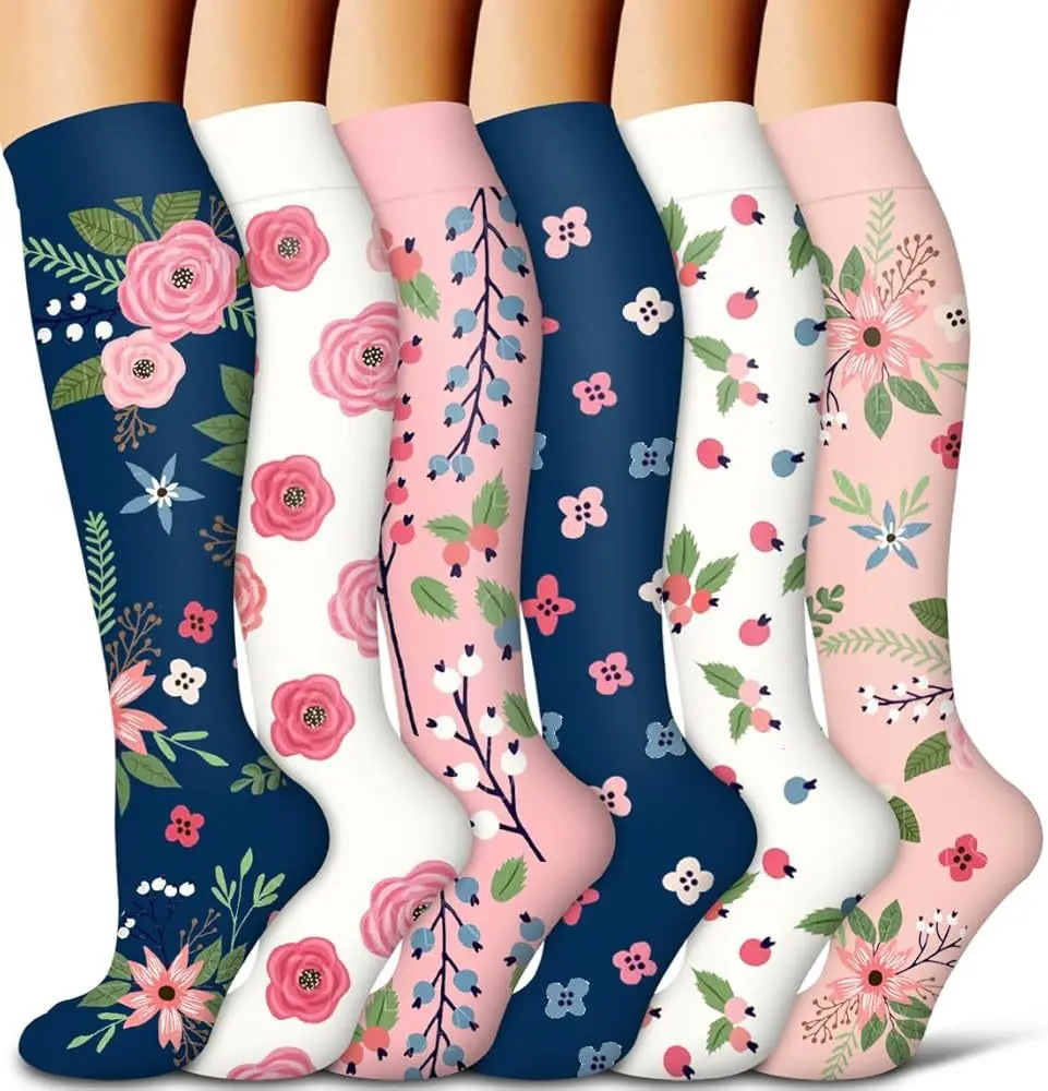 Compression Socks for Women & Men(6 pairs) - 15-20mmHg Comfortable, Breathable Flowers Socks for Nurses, Travel, Athletic. Fabric Moisture Wicking Support Socks