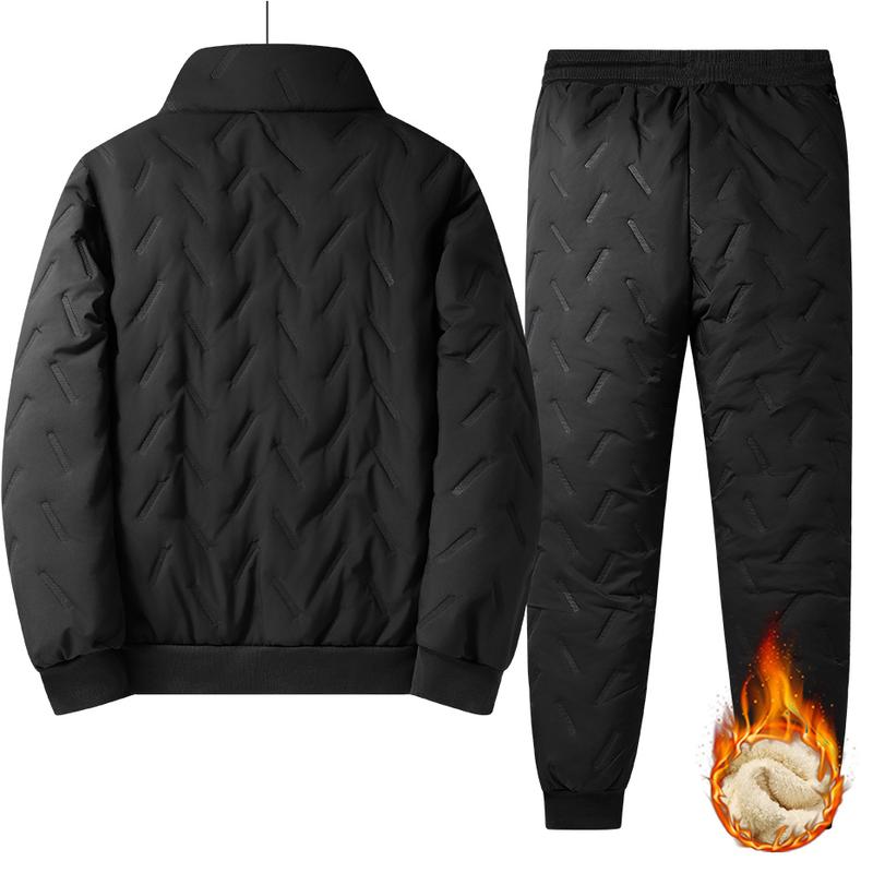 Men's Casual Set for Autumn and Winter, Stand Collar Long Sleeve Jacket and Pants Set, Men's Winter Jacket with Fleece Lining, Polyester Fabric, Hooded Casual Set with Pockets Clothes Menswear Beige