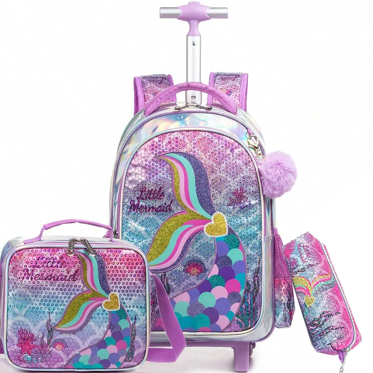 Chic Mermaid Sequin Trolley Bag, Cute 4-Piece Shimmering Set for Elementary School with Insulated Pouch & Pom-Pom Charm, Lunch Box, Graphic, Inline Skate, 2-In-1 Ergonomic Rolling & Backpack Mode, Girl, Pattern Backpack Set, Trendy Backpack