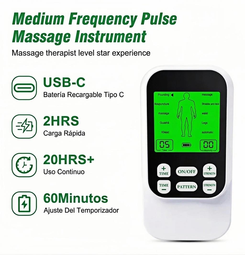 Muscle Massage Unit, 10 Modes Dual Channel, 30 Intensity Levels, Compact Rechargeable Body Massager with 4 Pads