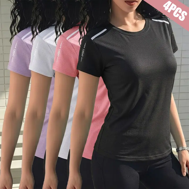 Pack of 4 women’s short-sleeve tops, casual and athletic wear suitable for workouts, fitness, running, yoga, and Pilates