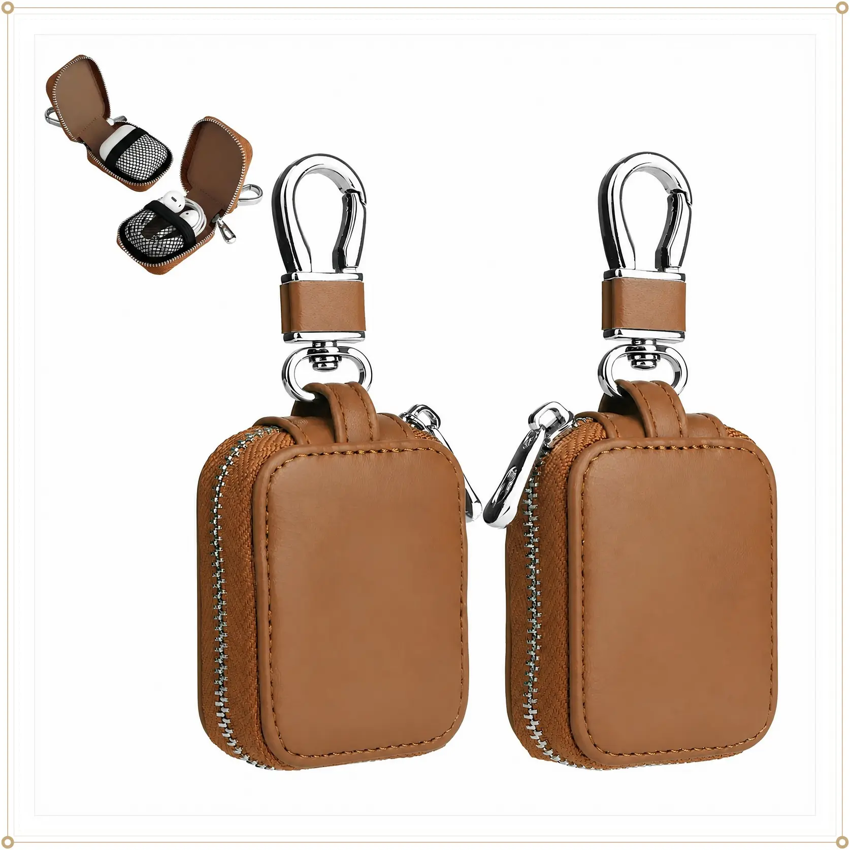 Mini PU Leather AirPods Case with Keychain, Zipper Earphone Storage Bag Compatible with AirPods 1/2/3/4/Pro/Pro 2, Waterproof Dustproof Protective Pouch for Wireless Earbuds, Travel & Daily Use