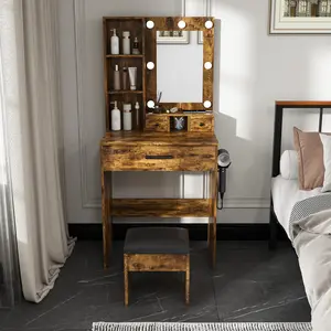 Vanity Table with Mirror & Adjustable LED Lights, Power Outlet, Hairdryer Holder & Stool – Compact Dressing Desk for Small Bedrooms(Vintage)