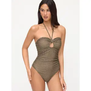 Cider Shaping High Stretch Polka Dot Halter Neck Ruched Cut Out One-piece Swimsuit