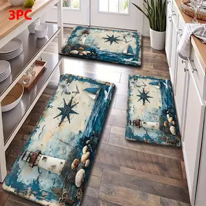 2/3 Piece Flannel Kitchen Mat Set, Vintage Nautical Lighthouse Compass Mediterranean Design, Non-Slip, Absorbent