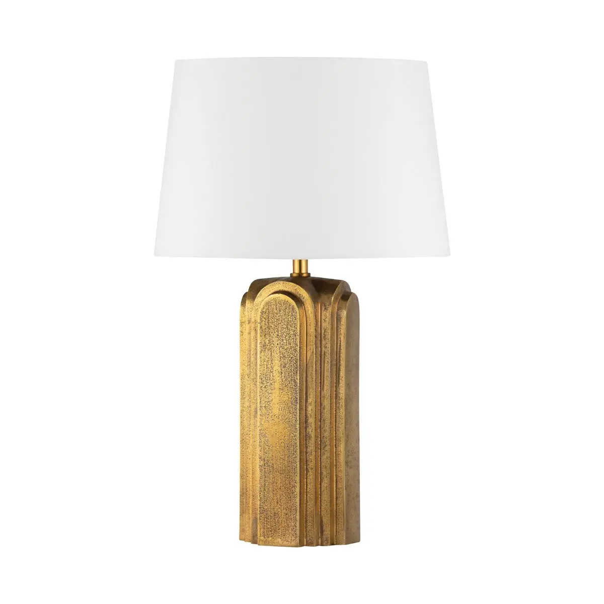 Bergman Art Deco Table Lamp In Aged Brass With Oversized White Linen Drum Shade