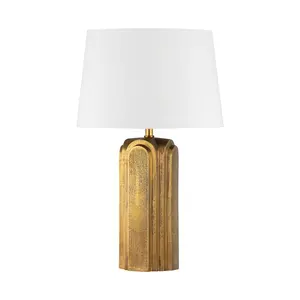 Bergman Art Deco Table Lamp In Aged Brass With Oversized White Linen Drum Shade